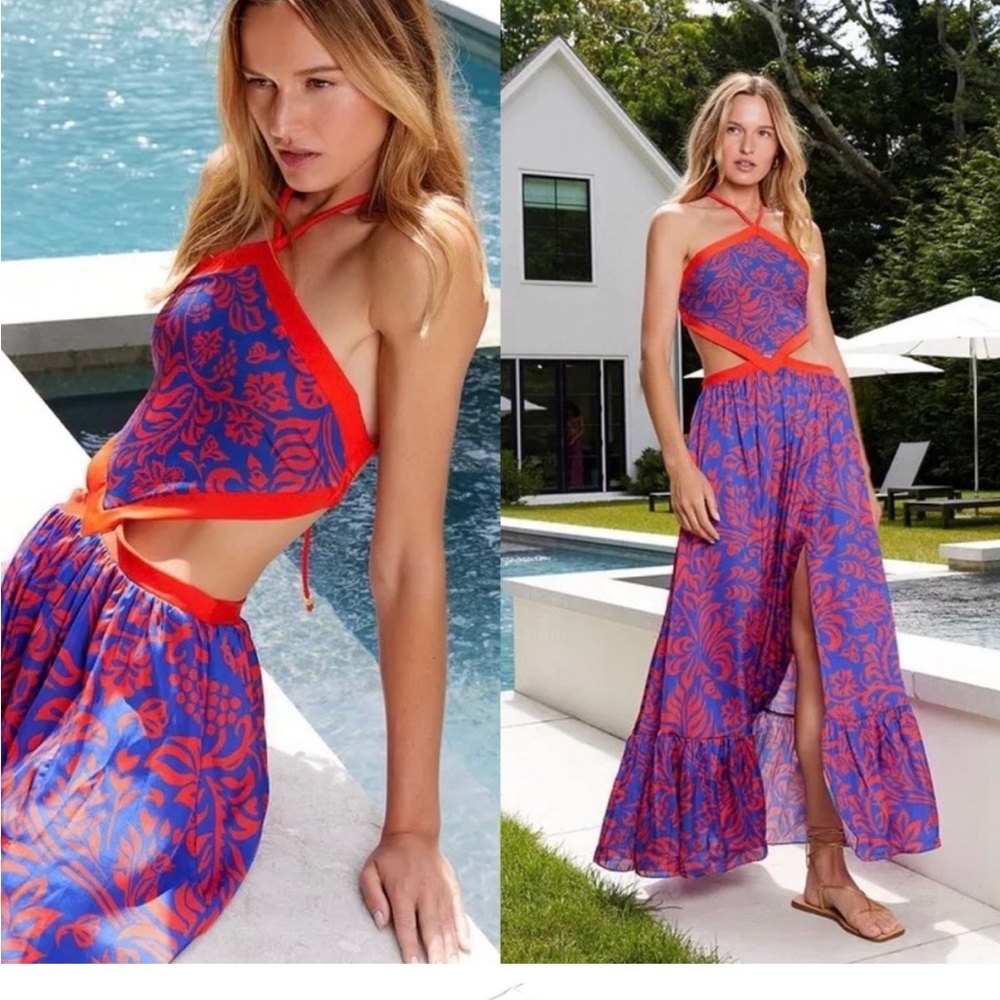 PATBO Pua Halterneck Silk Crepe Botanical Print Beach Maxi Dress Sz L
